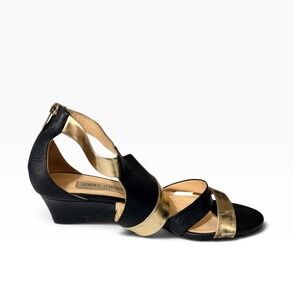Jimmy Choo Besso wedge Sandals Black Gold Metallic Leather size 39